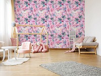 Дитячі флізелінові фотошпалери для дівчинки 312x219 см Єдинороги фламінго та квіти на рожевий фон (13952VEXXL) +клей