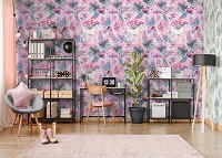 Дитячі флізелінові фотошпалери для дівчинки 460x300 см Єдинороги фламінго та квіти на рожевий фон (13952V12) +клей