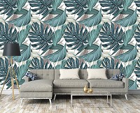 Флизелиновые фотообои цветы в интерьере спальни 368x254 см Огромные зеленые листья на белом фоне (13953V8) +клей