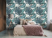 Флизелиновые фотообои цветы на стену Огромные зеленые листья на белом фоне (13953V)+клей