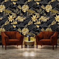 Флизелиновые фотообои в интерьере 520x318 см Золотые и черные листья (13954VEXXXXXL) +клей
