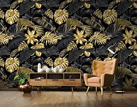 Флизелиновые фотообои в интерьере 416x290 см Золотые и черные листья (13954VEXXXXL) +клей