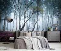 Флизелиновые фотообои деревья 368x280 см 3D Природа - Туманный березовый лес и вереск (13984V10) +клей