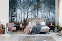 Флизелиновые фото обои пейзаж 254x184 см 3D Природа - Туманный березовый лес и вереск (13984V4)+клей