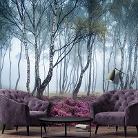 Флизелиновые фотообои деревья 416x254 см 3D Природа - Туманный березовый лес и вереск (13984VEXXXL) +клей
