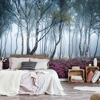 Флізелінові фото шпалери краєвид 254x184 см 3D Природа - Туманний березовий ліс і верес (13984V4)+клей - вид 8 мініатюра