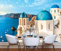 Флизелиновые фотообои в спальню природа море 460x300 см 3D Пейзаж Греции Вид на Санторини (13985V12) +клей