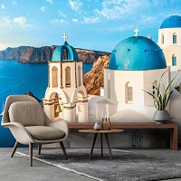 Флизелиновые фото обои отдых на море 254x184 см 3D Пейзаж Греции Вид на Санторини (13985V4)+клей