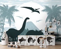 Флизелиновые фото обои на стену горы 254x184 см Для детей Динозавры на фоне вулкана Сине-зеленый цвет (14009V4)+клей