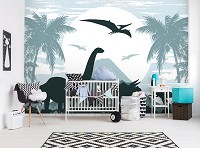 Флизелиновые фотообои 520x318 см Для детей Динозавры на фоне вулкана Сине-зеленый цвет (14009VEXXXXXL) +клей