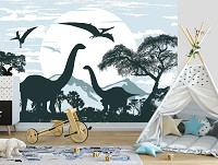 Флизелиновые фотообои для мальчика 368x254 см Детские Динозавры на фоне луны Cине-зеленый цвет (14010V8) +клей