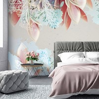 Флизелиновые фотообои с цветами на стену 416x254 см Модерн Пастельные листья на светло-сером фоне (14013VEXXXL) +клей