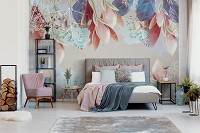 Современные фотообои на стену 368x254 см Цветы Модерн Пастельные листья на светло-сером фоне (14013P8)+клей