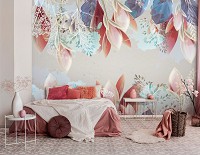 Флизелиновые фотообои в стиле модерн Цветы Пастельные листья на светло-сером фоне (14013V)+клей