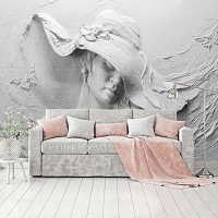 Флизелиновые фотообои на стену 312x219 см 3D Барельеф на стене Женщина в шляпе (14014VEXXL) +клей