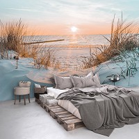 Флизелиновые фотообои на стену 312x219 см 3D Морской пейзаж Закат на песчаном пляже (14021VEXXL) +клей