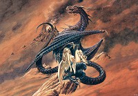 Флизелиновые детские фотообои 368x254 см Дракон охраняет девушку ангела на фоне вулкана (14026V8) +клей