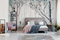 Флизелиновые фотообои в гостиную природа 368x280 см Рисованные деревья на фоне бледного леса (14032V10) +клей