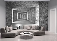 Флизелиновые фото обои кирпичиком 254x184 см 3D Пространственный коридор - Серый туннель (14036V4)+клей