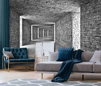 Флизелиновые фотообои в прихожую 416x254 см 3D Пространственный коридор Серый кирпичный туннель (14036VEXXXL) +клей