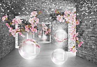 Флизелиновые фотообои красивые 312x219 см 3D коридор Серый кирпичный туннель с цветами и шарами (14037VEXXL) +клей - вид 1 миниатюра