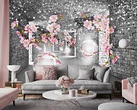 Флизелиновые фотообои 368x280 см 3D коридор Серый кирпичный туннель с цветами и шарами (14037V10) +клей