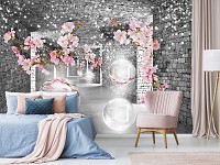 Флизелиновые фотообои кирпич 368x254 см 3D коридор Серый туннель с цветами и шарами (14037V8) +клей