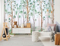Флизелиновые фотообои для детской 368x280 см Детские скандинавские акварельные лесные деревья (14068V10) +клей