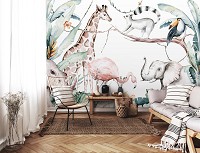 Флізелінові дитячі фотошпалери для хлопчика 368x280 см Акварельні звірята у джунглях У скандинавському стилі (14069V10) +клей