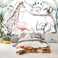 Смішні тварини флізелінові фотошпалери Для дітей Акварельні звірята у джунглях У скандинавському стилі (14069V)+клей - вид 9 мініатюра