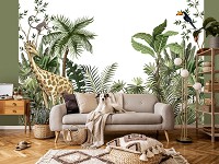 Детские флизелиновые фотообои с зелеными листьями 368x254 см Экзотическое сафари в джунглях (14070V8) +клей