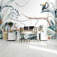 Детские флизелиновые фотообои для мальчиков 416x254 см Природа Растения Акварель Животные в Джунглях (14071VEXXXL) +клей