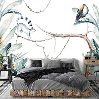 Детские флизелиновые фотообои для стен 312x219 см Природа Растения Акварель Животные в Джунглях (14071VEXXL) +клей