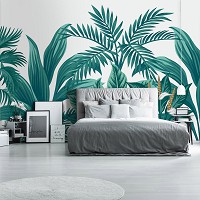Флизелиновые фотообои 416x254 см Зеленые тропические листья на белом фоне (14077VEXXXL) +клей