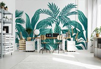 Флизелиновые фотообои 254x184 см Зеленые тропические листья на белом фоне (14077V4) +клей