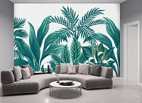 Рослинні флізелінові фотошпалери 368x280 см Тропічний зелений лист на білому тлі (14077V10) +клей