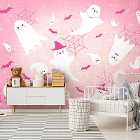 Флизелиновые фотообои для детской комнаты 368x254 см Девочке - Призраки и Летучие Мыши на розовом фоне (14080V8) +клей