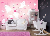 Флизелиновые фотообои для детской комнаты 312x219 см Девочке - Призраки и Летучие Мыши на розовом фоне (14080VEXXL) +клей
