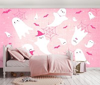 Флизелиновые фотообои для детской комнаты 416x290 см Девочке - Призраки и Летучие Мыши на розовом фоне (14080VEXXXXL) +клей