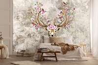 Флизелиновые фотообои в детскую девочке 416x254 см Бохо Цветы Арт Абстракция Олень (14081VEXXXL) +клей