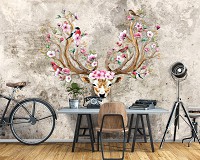 Флизелиновые фотообои животные 416x290 см Бохо Цветы Арт Абстракция Олень (14081VEXXXXL) +клей