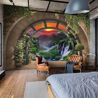 Флизелиновые фотообои природа пейзаж 312x219 см 3D Красивый водопад за террасой с аркой (14083VEXXL) +клей