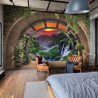 Флизелиновые фото обои природа 254x184 см 3D Красивый водопад за террасой с аркой (14083V4)+клей