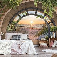Флизелиновые 3д фотообои в гостиную море 520x318 см Закат на песчаном пляже за террасой с аркой (14084VEXXXXXL) +клей