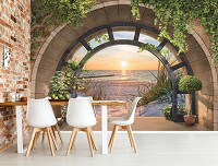 Флізелінові фото шпалери море 254x184 см 3D Захід сонця на піщаному пляжі за терасою з аркою (14084V4)+клей - вид 6 мініатюра