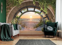 Флизелиновые 3д фотообои летний пейзаж море 368x254 см Закат на песчаном пляже за террасой с аркой (14084V8) +клей