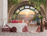 Природа море флизелиновые 3д фотообои 312x219 см Закат на песчаном пляже за террасой с аркой (14084VEXXL) +клей
