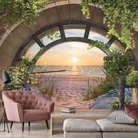 Флизелиновые фотообои 3д море 416x290 см Закат на песчаном пляже за террасой с аркой (14084VEXXXXL) +клей