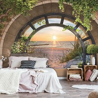 Флізелінові фото шпалери море 254x184 см 3D Захід сонця на піщаному пляжі за терасою з аркою (14084V4)+клей - вид 5 мініатюра
