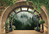 Флізелінові фотошпалери у вітальню природа 368x254 см 3D-ефект Вікно Тераса Ліс у тумані (14085V8) +клей - вид 1 мініатюра